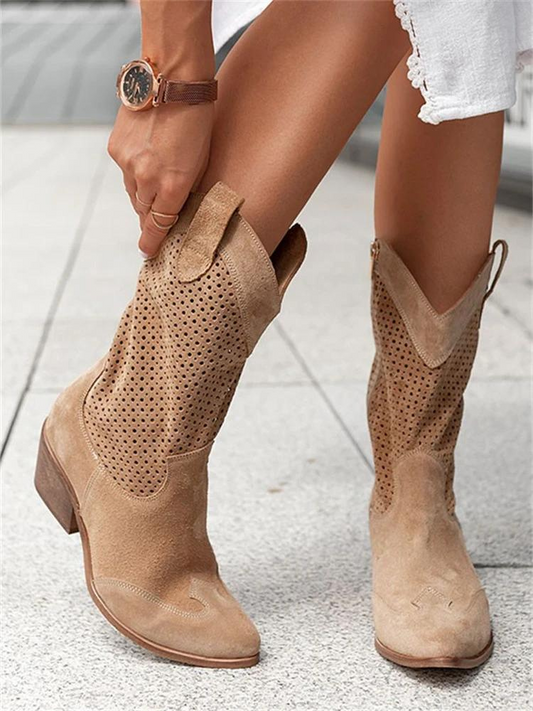 Bottes western mi-mollet en cuir pour femme – Style cowgirl avec doublure rembourrée pour un confort au quotidien