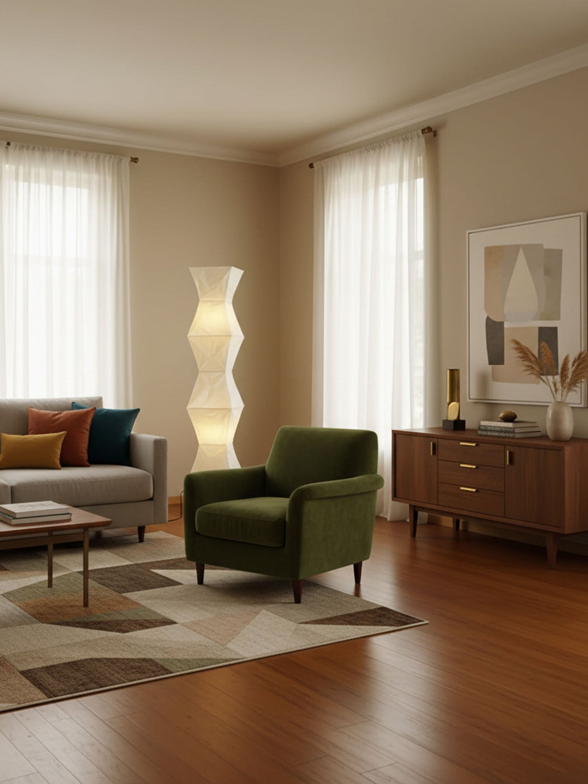 Japanese-Inspired Paper Floor Lamp White Mulberry Shade Tall Standing Light for Living Room Bedroom Reading Nook Sculptural Accent