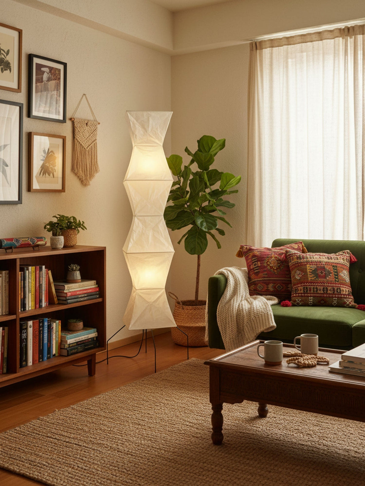 Japanese-Inspired Paper Floor Lamp White Mulberry Shade Tall Standing Light for Living Room Bedroom Reading Nook Sculptural Accent