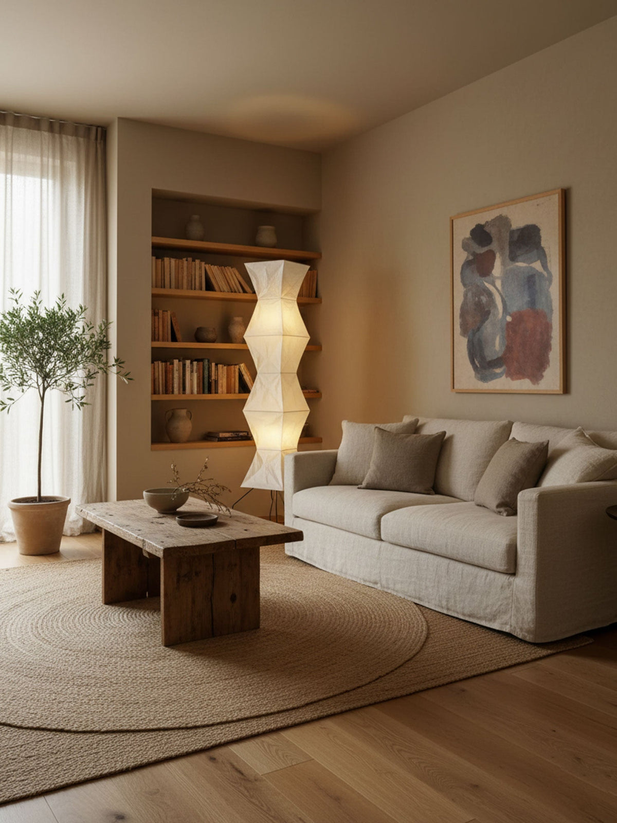 Japanese-Inspired Paper Floor Lamp White Mulberry Shade Tall Standing Light for Living Room Bedroom Reading Nook Sculptural Accent