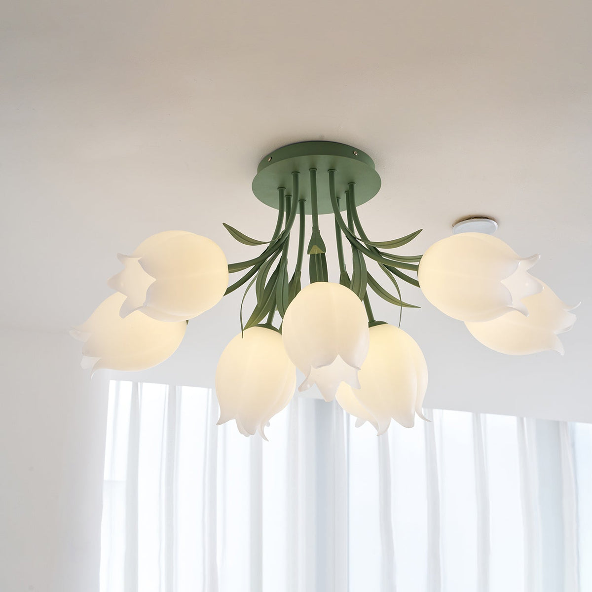 Flush Mount Floral Ceiling Light Fixture with Multi-Head LED Design for Bedroom, Living Room & Bathroom | Green White Acrylic Shades | Dimma