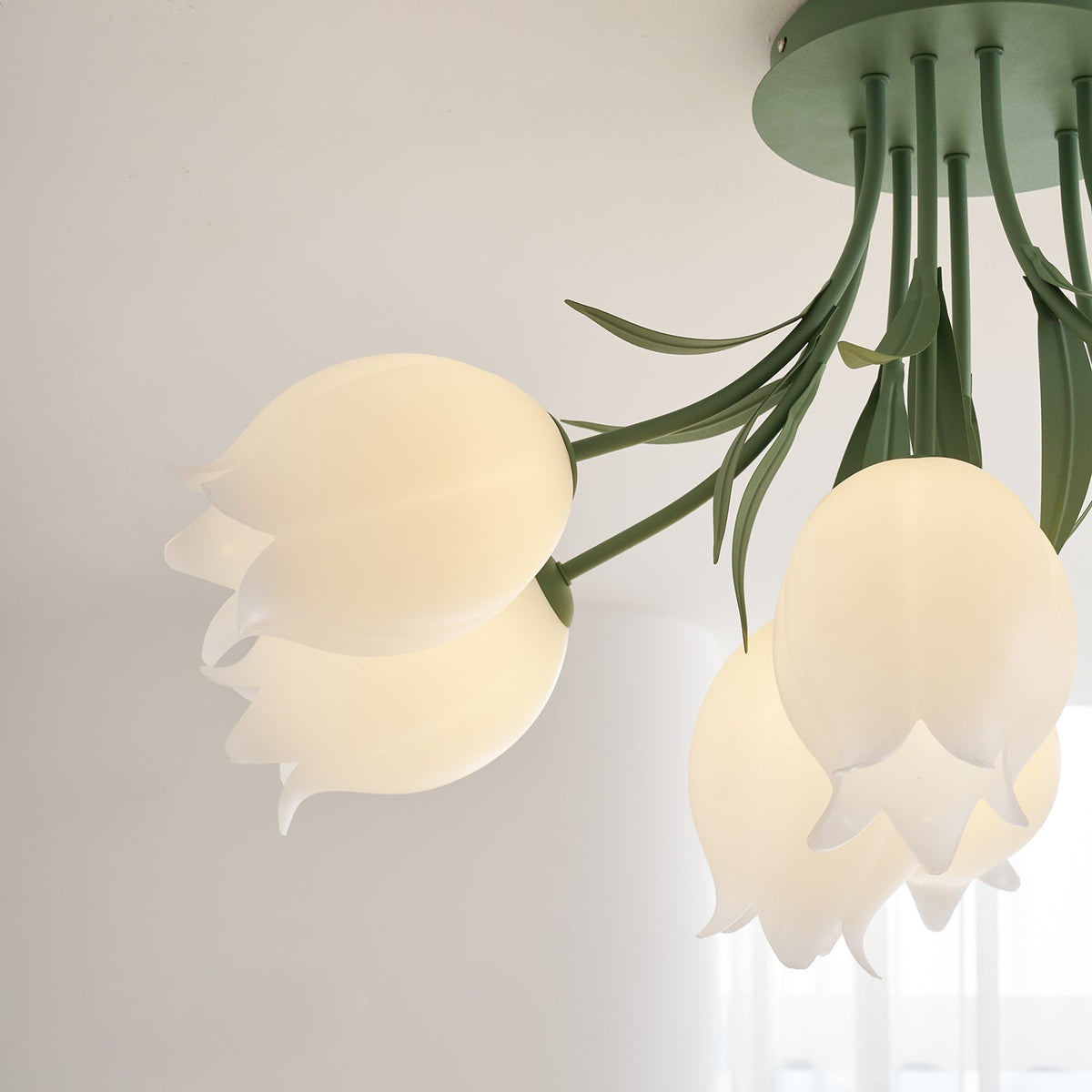 Flush Mount Floral Ceiling Light Fixture with Multi-Head LED Design for Bedroom, Living Room & Bathroom | Green White Acrylic Shades | Dimma