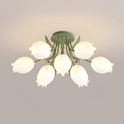 Flush Mount Floral Ceiling Light Fixture with Multi-Head LED Design for Bedroom, Living Room & Bathroom | Green White Acrylic Shades | Dimma