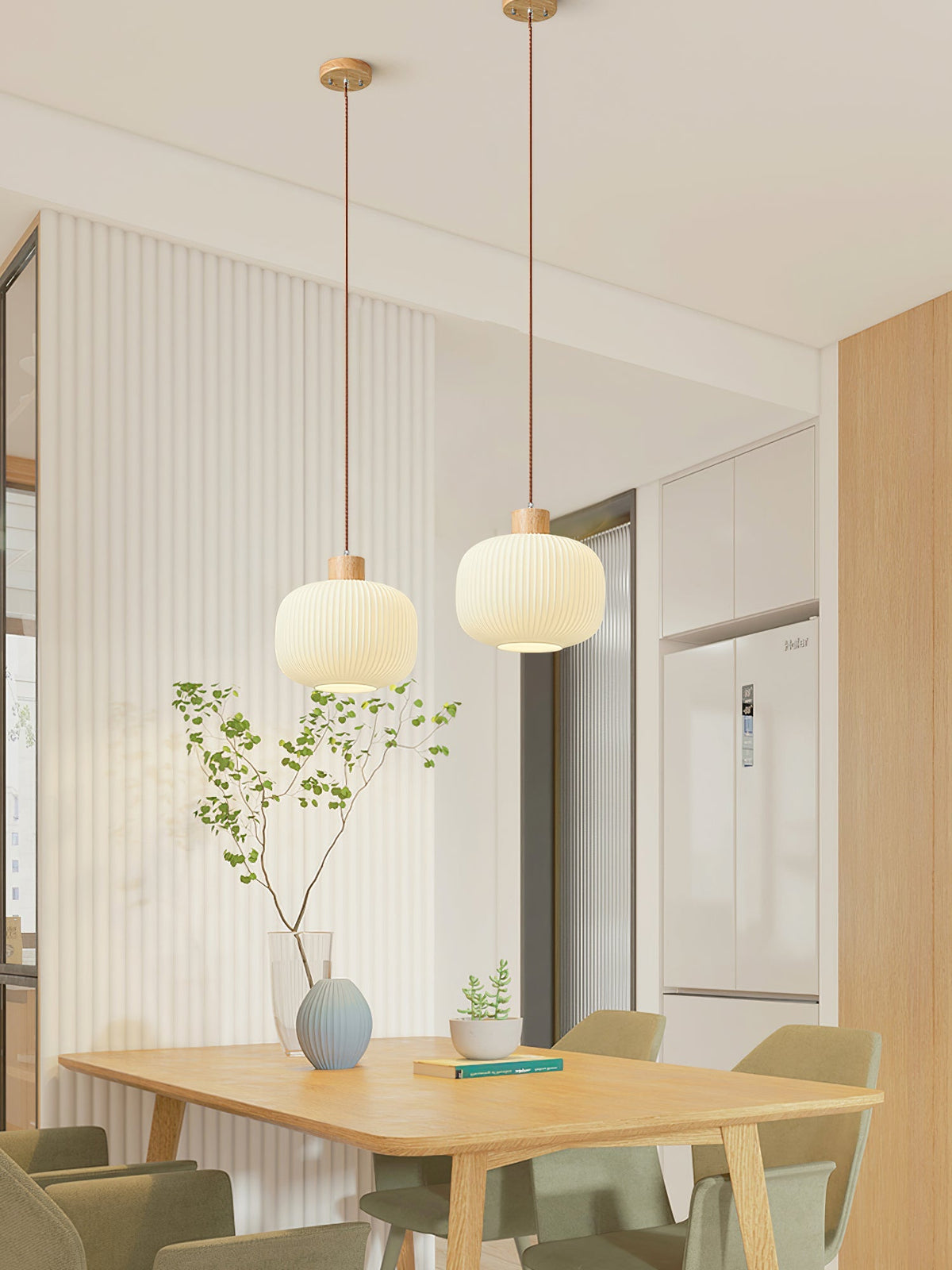 Hanging Ceiling Light with Frosted Shade and Natural Accents for Kitchen Island Dining Room Bedroom | Modern Drop Fixture E26 Socket 110V In