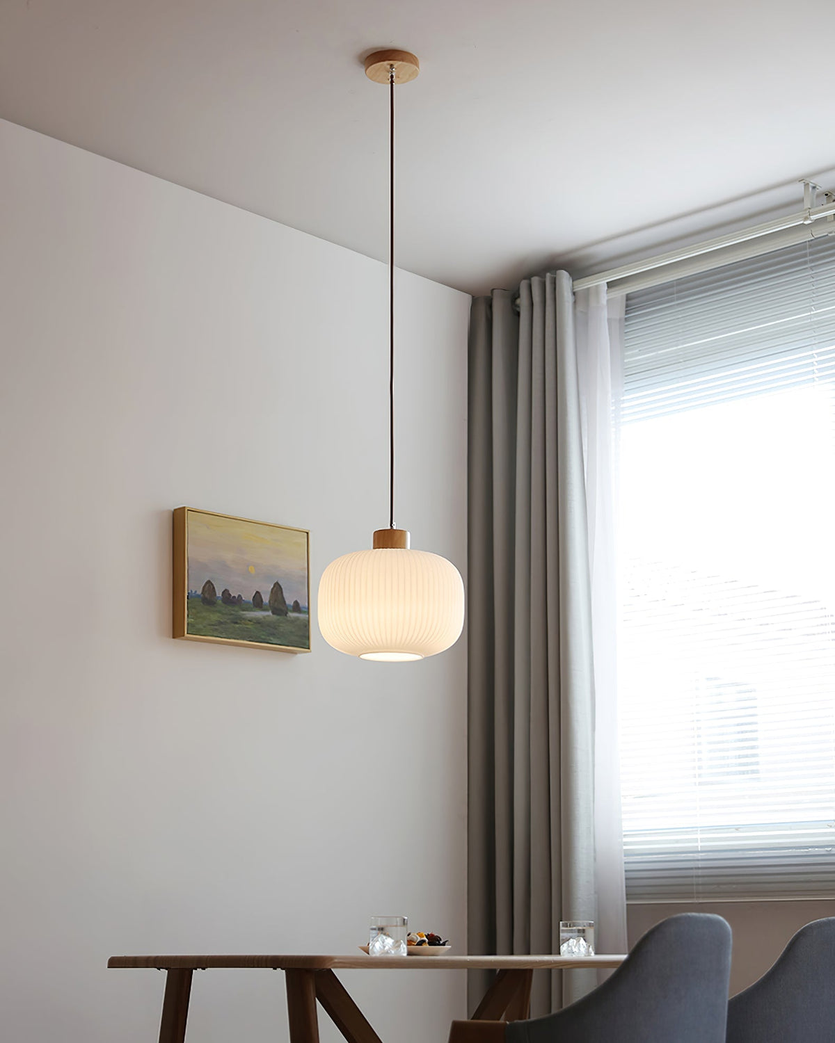Hanging Ceiling Light with Frosted Shade and Natural Accents for Kitchen Island Dining Room Bedroom | Modern Drop Fixture E26 Socket 110V In