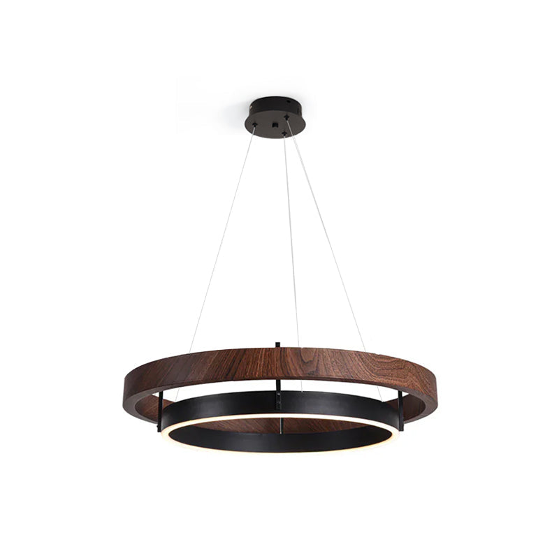 Dual-Ring LED Overhead Fixture Walnut & Black Finish Contemporary Dining Room Suspended Lighting 24-40 Inch Ceiling Mount