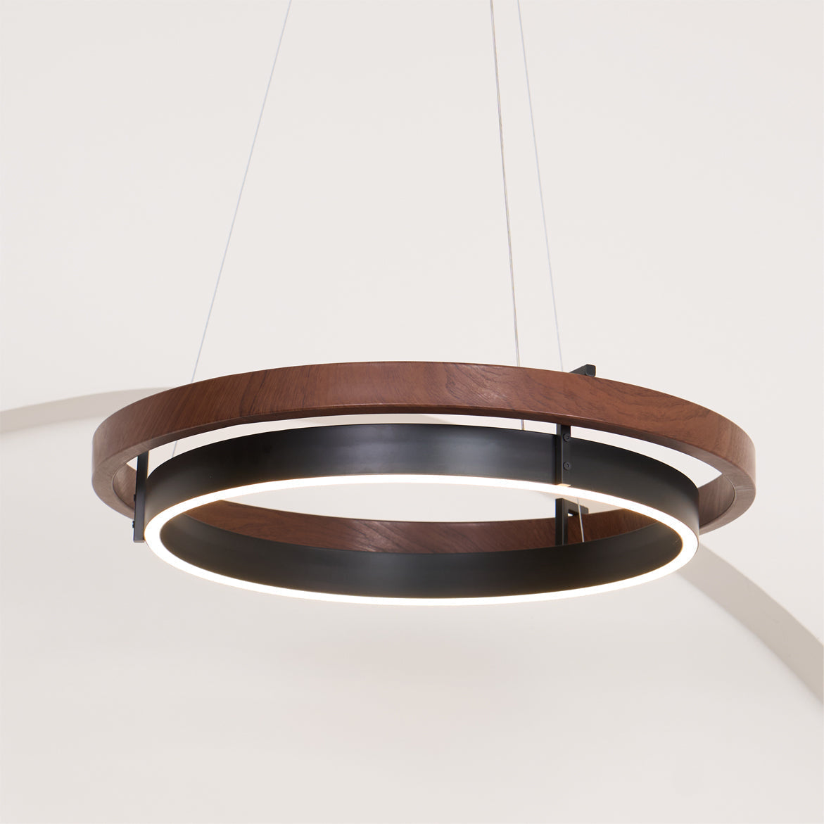Dual-Ring LED Overhead Fixture Walnut & Black Finish Contemporary Dining Room Suspended Lighting 24-40 Inch Ceiling Mount