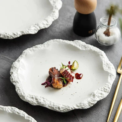 Ceramic Dinner Plate with Textured Rock Edge Design for Kitchen & Dining Room Tables 8-11 inch Natural Tableware