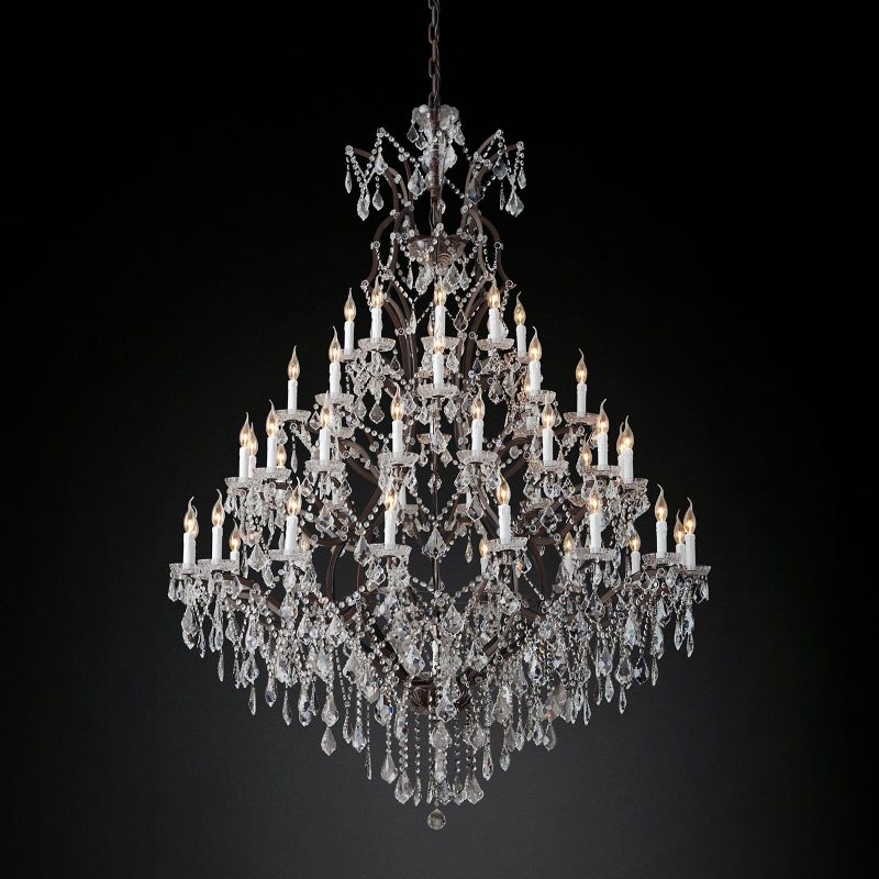 Grand Statement Crystal Chandelier 60 Inch Round Wrought Metal 49-Light Fixture for Foyer Dining Room High Ceiling