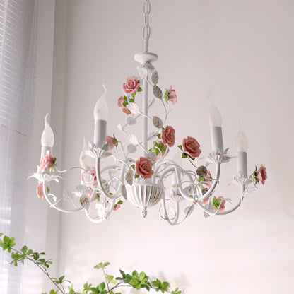 Ceramic Flower Multi-Arm Overhead Light Fixture 30 Inch Pink White Green Metal Frame Adjustable Chain E14 Socket for Dining Room Living Room