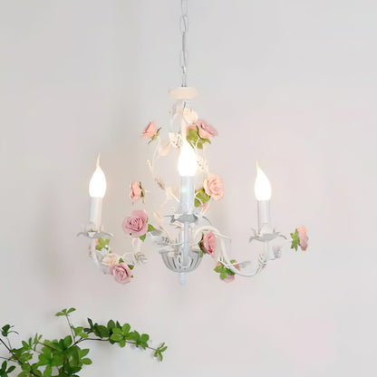 Ceramic Flower Multi-Arm Overhead Light Fixture 30 Inch Pink White Green Metal Frame Adjustable Chain E14 Socket for Dining Room Living Room