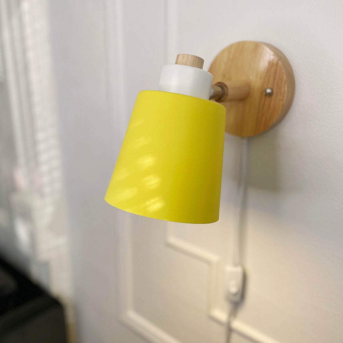 Adjustable Wood & Metal Sconce 7.5 in Yellow Plug-In Task Light for Nightstand Bedrooms Home Office Swivel Arm Accent Lighting
