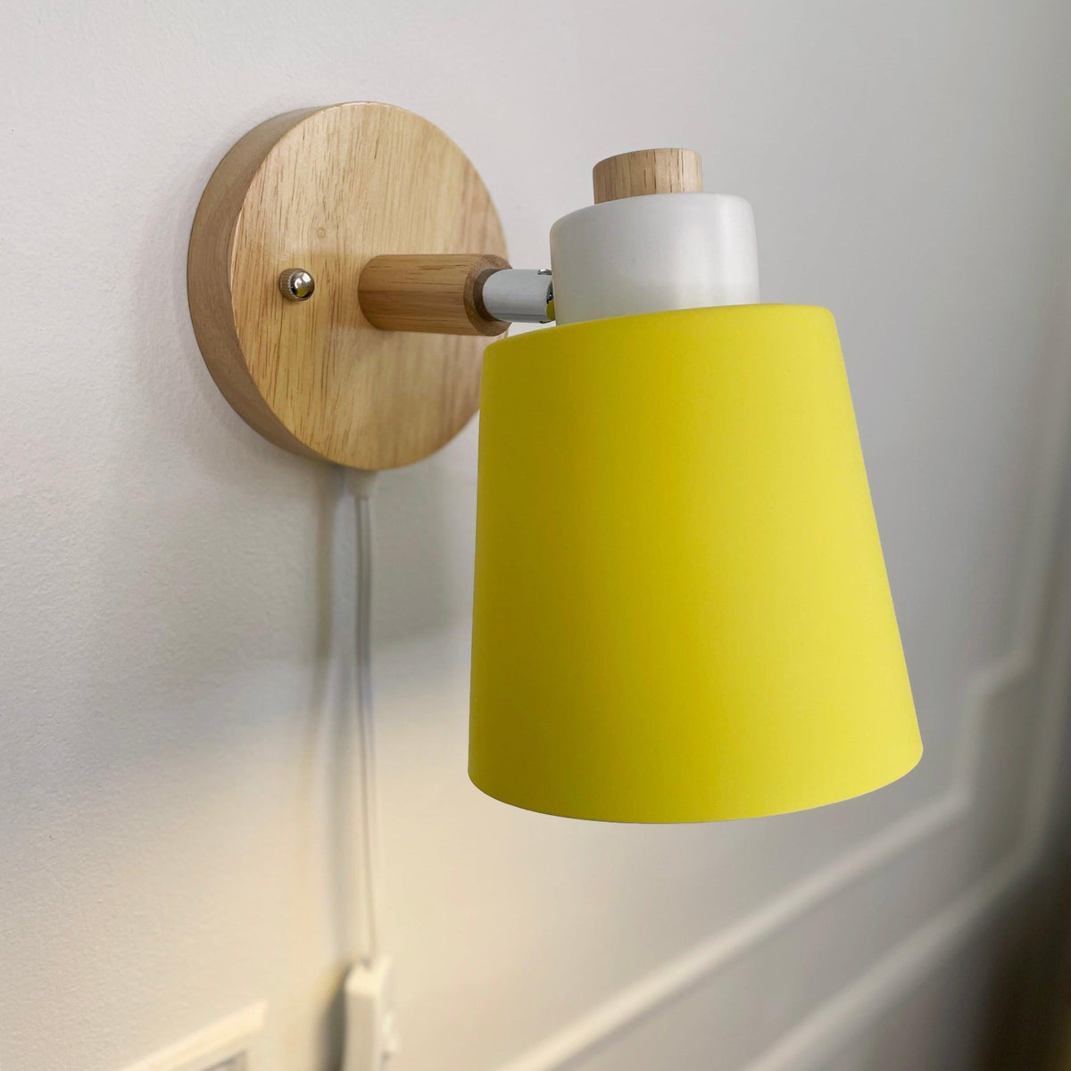 Adjustable Wood & Metal Sconce 7.5 in Yellow Plug-In Task Light for Nightstand Bedrooms Home Office Swivel Arm Accent Lighting