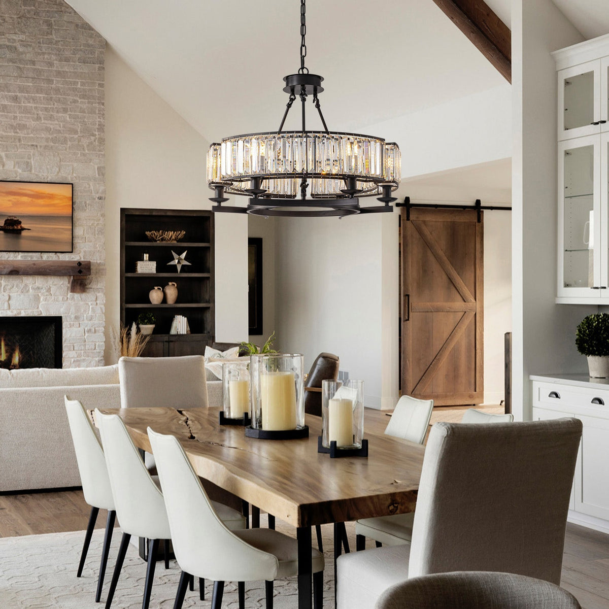 Round Overhead Fixture with Hanging Prisms for Dining Areas, Open-Concept Kitchens & Farmhouse Interiors | Adjustable Height, Wagon Wheel Fr