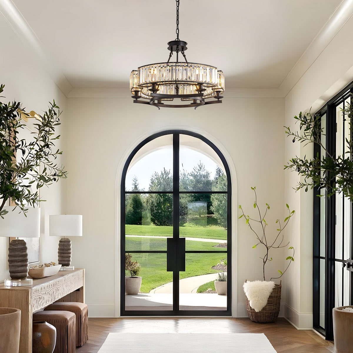 Round Overhead Fixture with Hanging Prisms for Dining Areas, Open-Concept Kitchens & Farmhouse Interiors | Adjustable Height, Wagon Wheel Fr