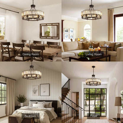 Wagon Wheel Crystal Fixture Matte Black Adjustable Hanging Light 31 Inch Dining Room Farmhouse Ceiling Lighting for Kitchen Island Living Ro