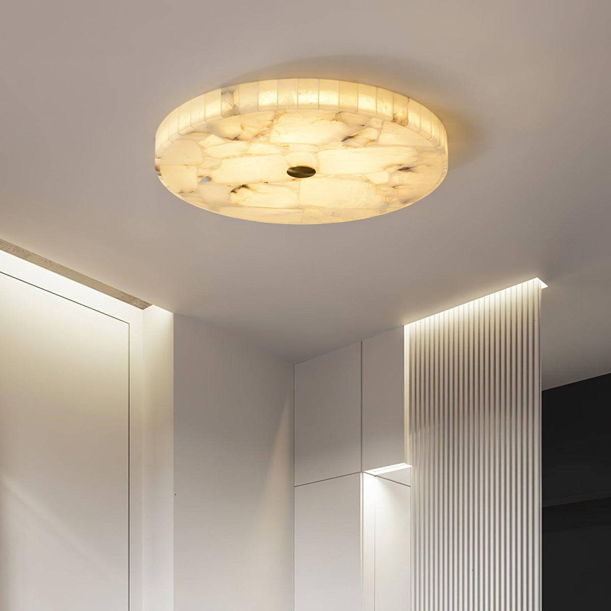 Flush Mount LED Ceiling Light 20 in Round Alabaster Stone Mosaic Pattern for Bedroom Living Room Dining Room Kitchen White Gold Metal Frame