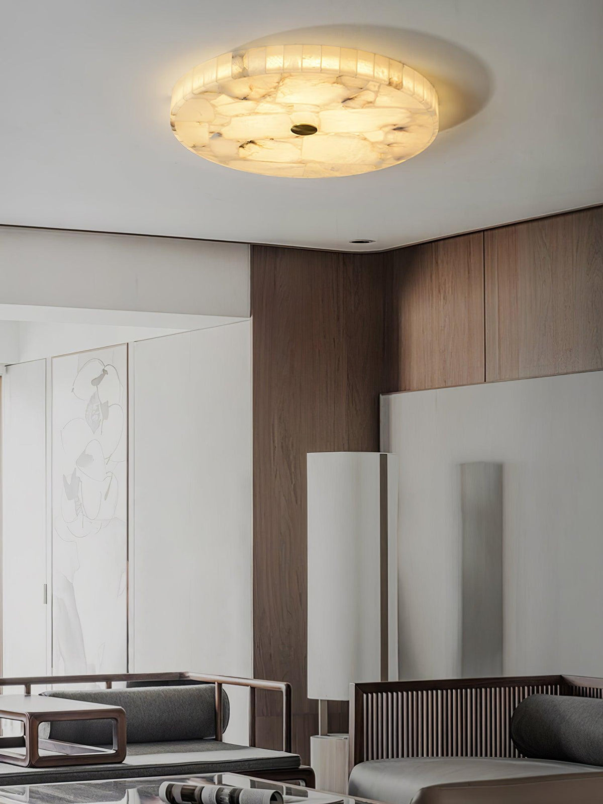 Flush Mount LED Ceiling Light 20 in Round Alabaster Stone Mosaic Pattern for Bedroom Living Room Dining Room Kitchen White Gold Metal Frame