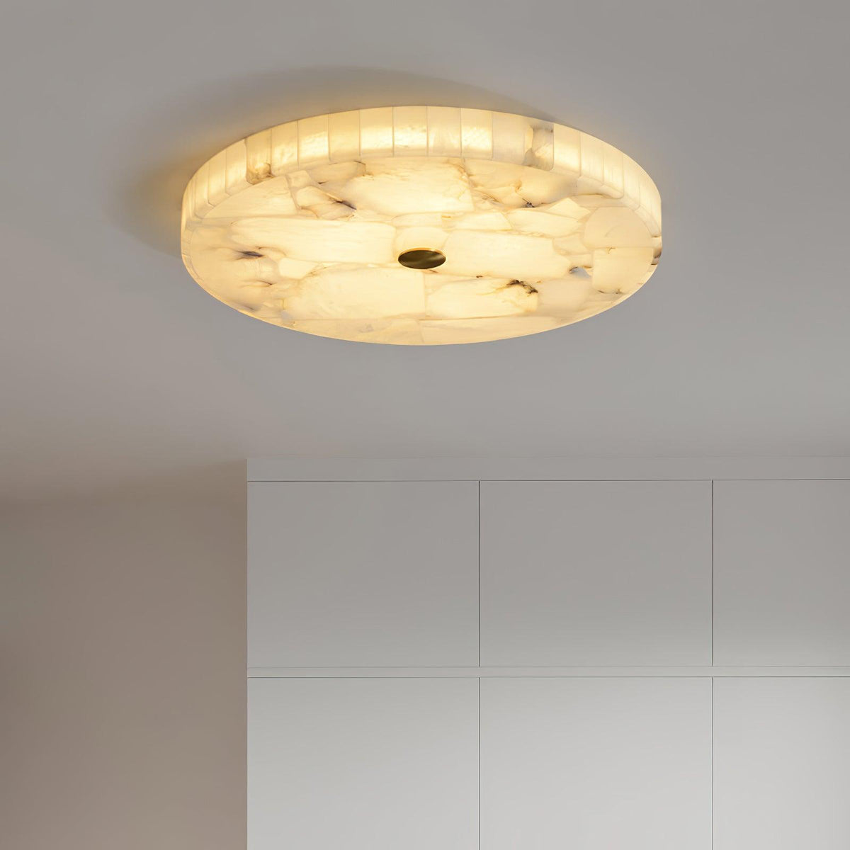 Flush Mount LED Ceiling Light 20 in Round Alabaster Stone Mosaic Pattern for Bedroom Living Room Dining Room Kitchen White Gold Metal Frame