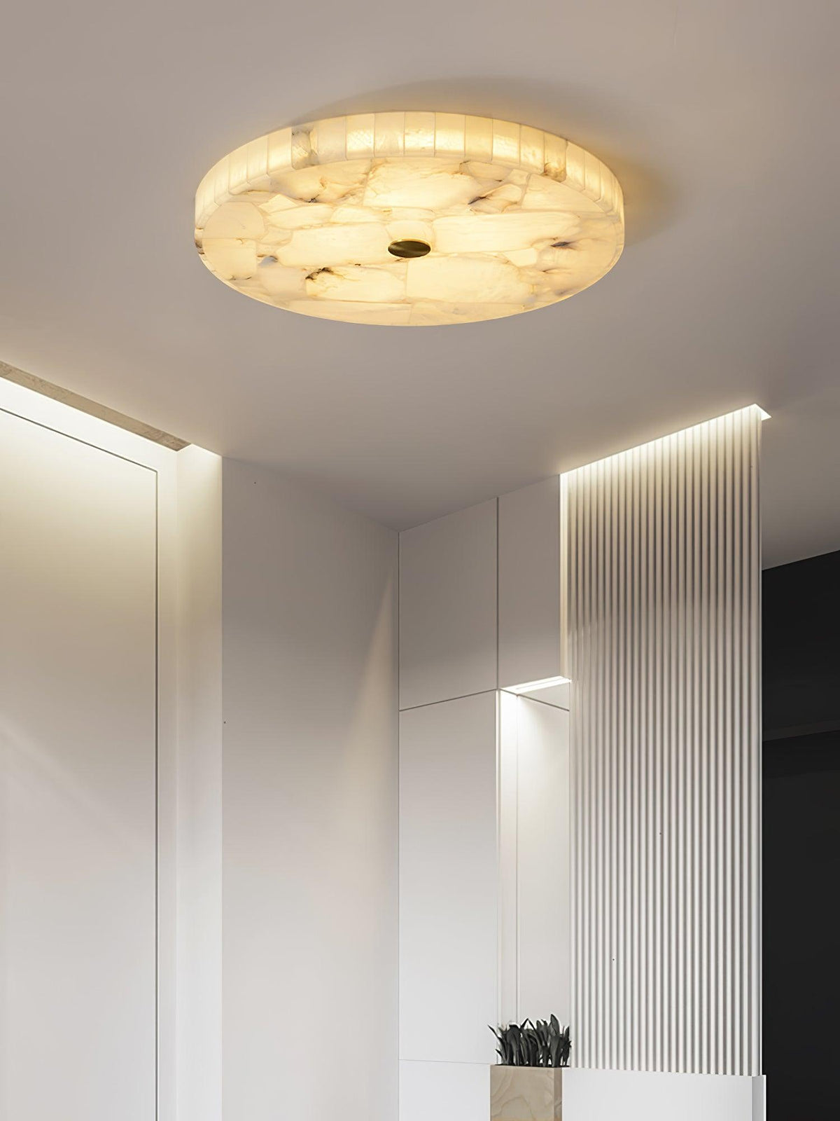 Flush Mount LED Ceiling Light 20 in Round Alabaster Stone Mosaic Pattern for Bedroom Living Room Dining Room Kitchen White Gold Metal Frame