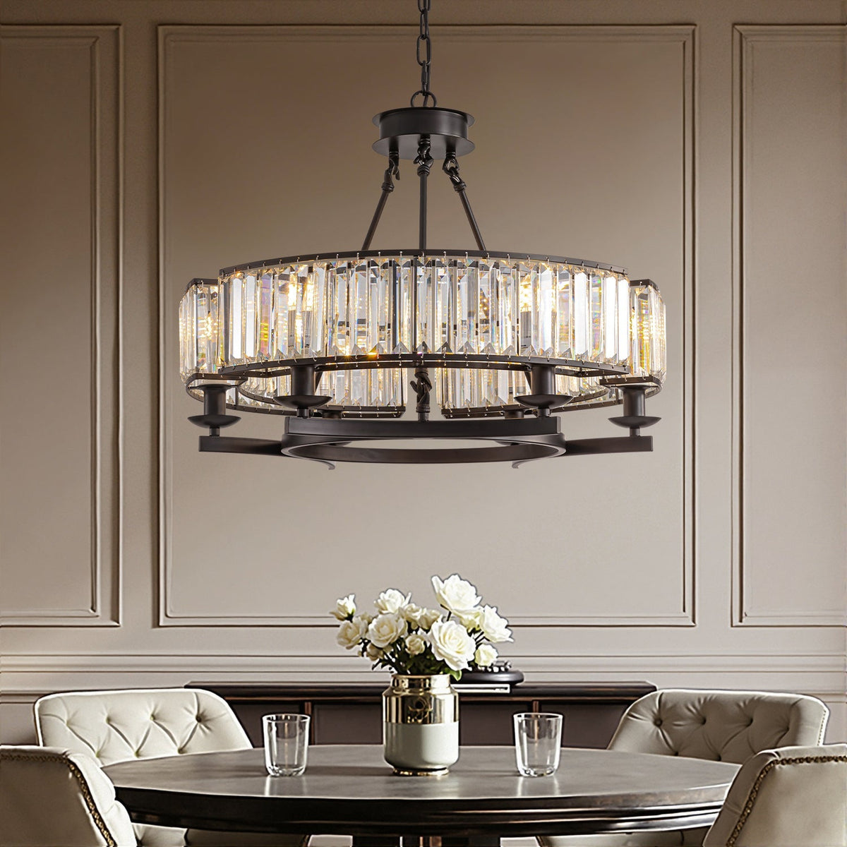 Round Overhead Fixture with Hanging Prisms for Dining Areas, Open-Concept Kitchens & Farmhouse Interiors | Adjustable Height, Wagon Wheel Fr