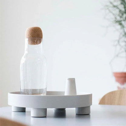 Plateau de table basse rond en bois avec incrustation en chêne et bord noir – Plateau décoratif surélevé pour une décoration de table élégante