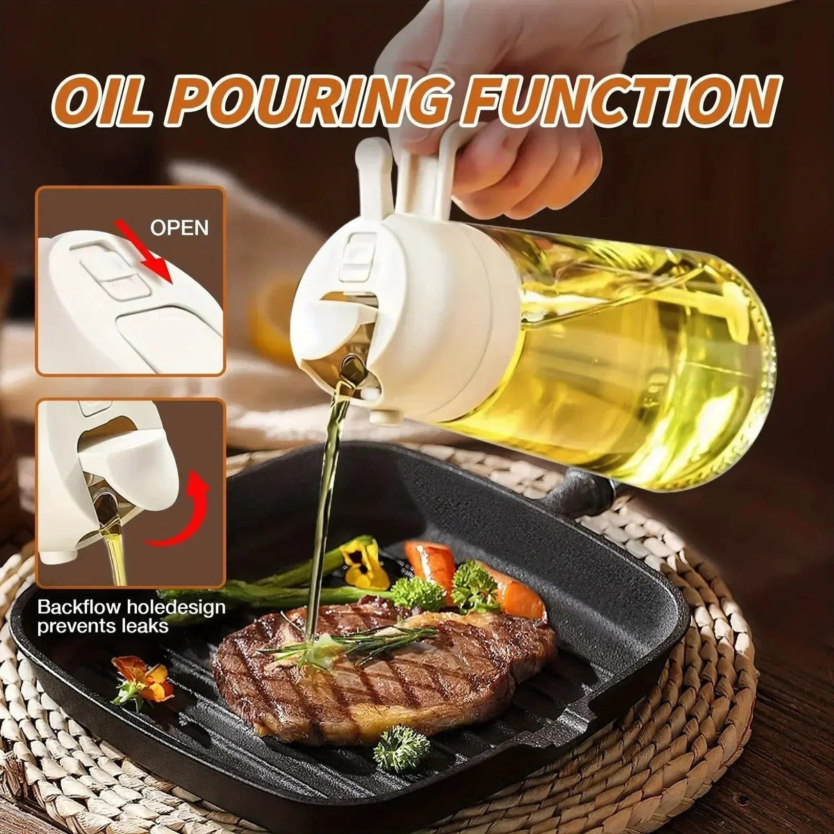 Glass Oil Mister Bottle 16.5 oz Dual Spray Pour Dispenser for Cooking Grilling Roasting Salads Air Fryer Home Kitchen