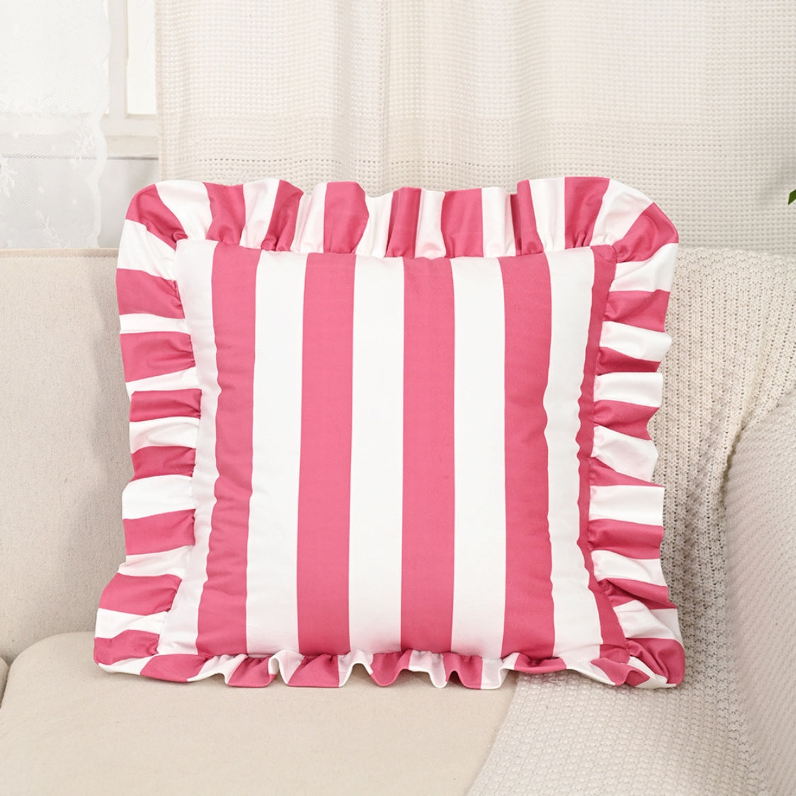 Ruffle Striped Cushion Cover - Soft Microfiber Blend, Cozy Design