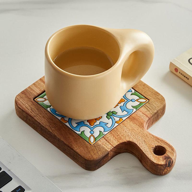 Rustic Ceramic Coaster with Solid Wood Base – Stylish Heat Resistant Drink Protector