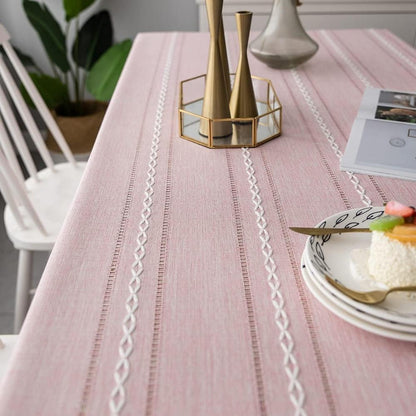 Rustic Cotton-Linen Tablecloth with Durable Striped Embroidery – Elegant Dining Table Cover