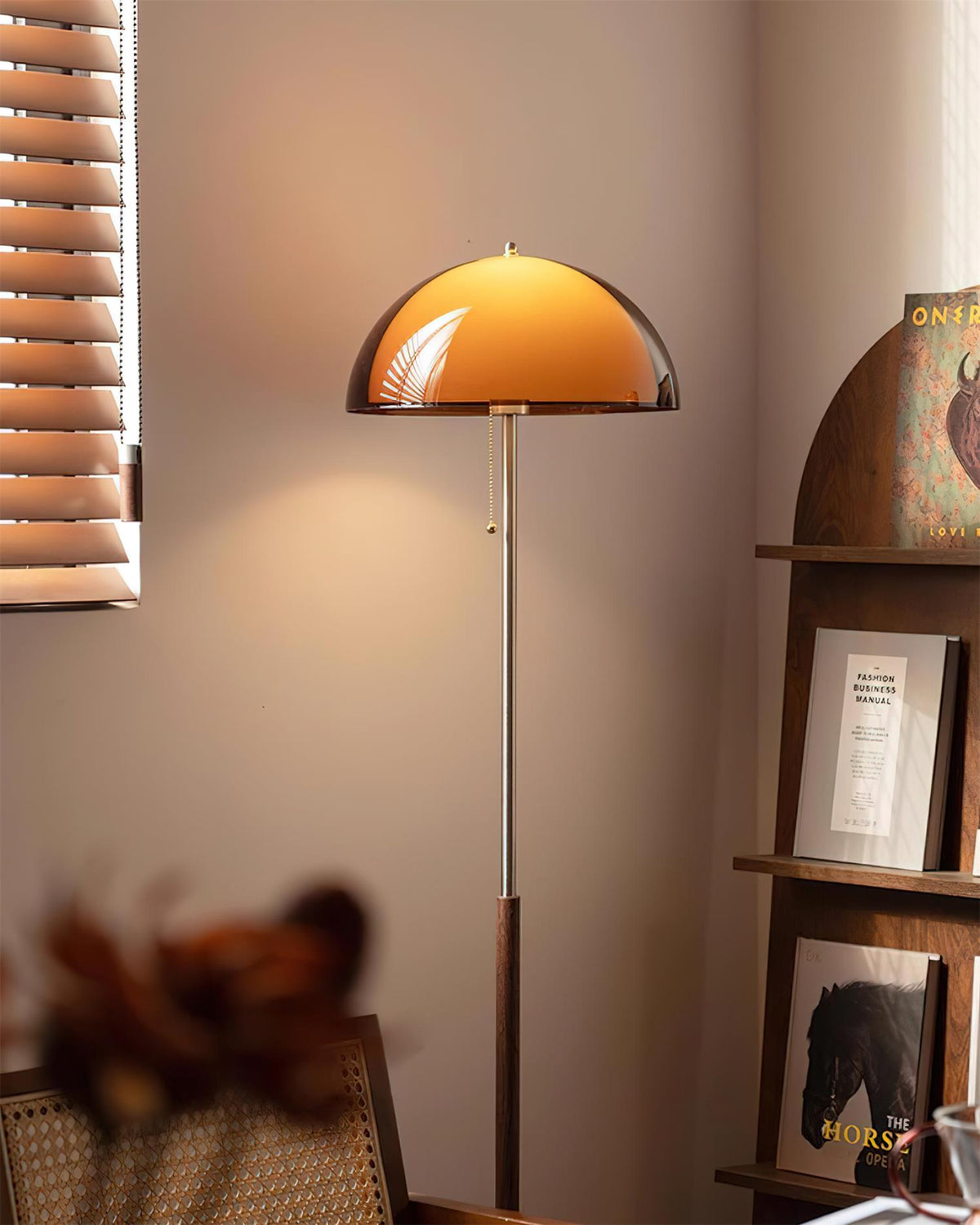 Standing Lamp with Dome Shade 60 in Tall Weighted Wooden Base Pull Switch Walnut Finish Bedroom Living Room Corner Lighting Retro Style