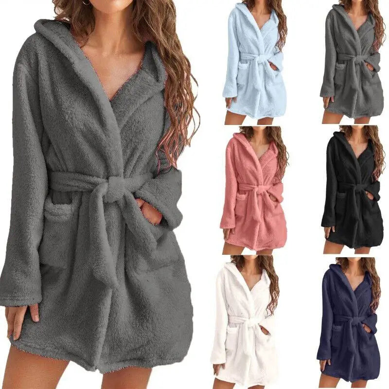 Hooded Fleece Bathrobe with Belt – Ultra-Soft Plush Robe for Lounging, Post-Shower Warmth & Cozy Mornings