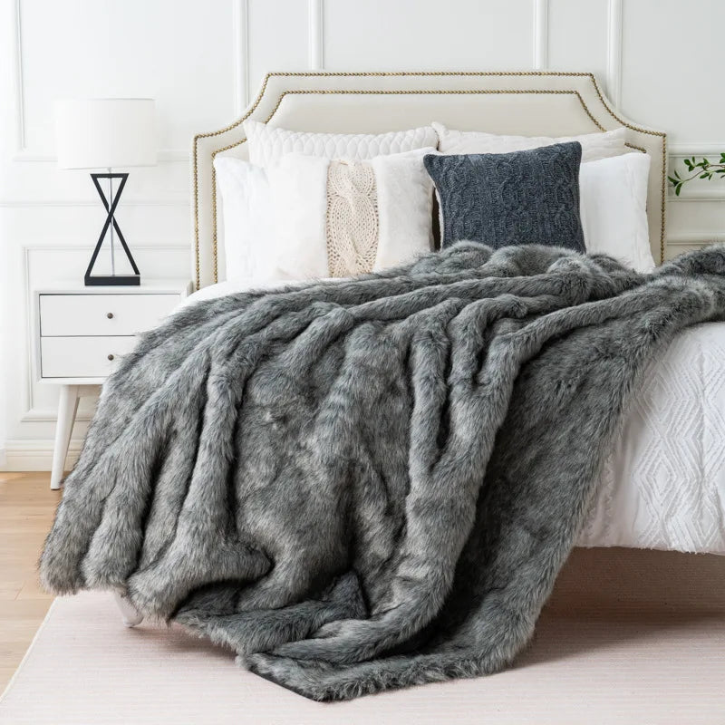 Plush Faux-Fur Accent Blanket 80×60 in Oversized Ultra-Soft Polyester Decorative Cover for Bedroom Sofa Chair Couch Neutral Tan Silver Brind