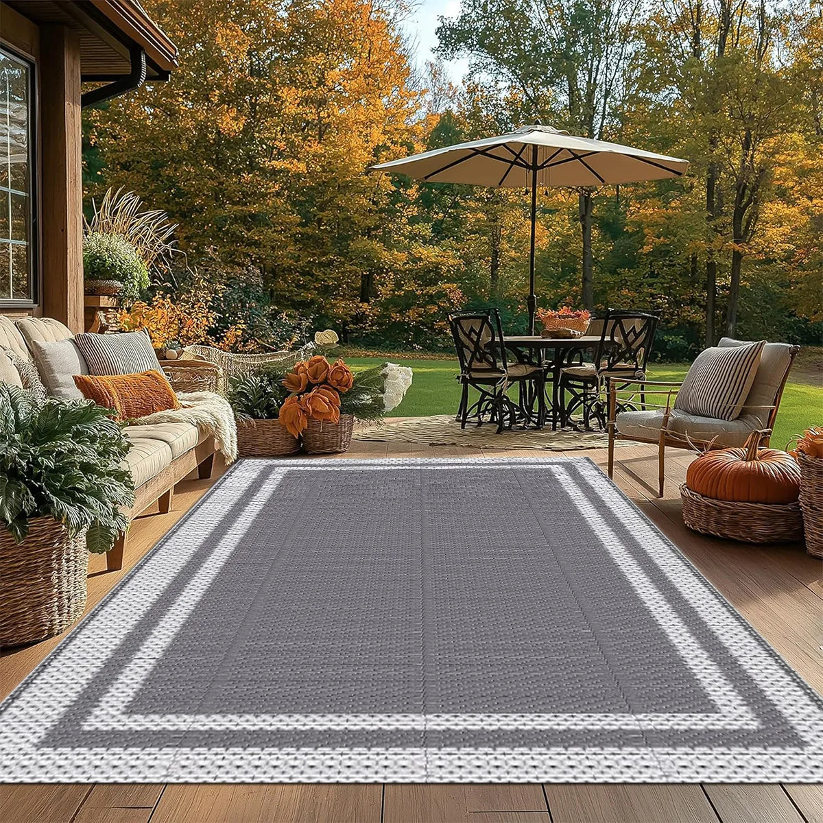 Tapis de sol résistant aux intempéries pour terrasses, porches et jardins, 150 × 240 cm, revêtement de patio tissé réversible gris pour camping, camping-car et balcon