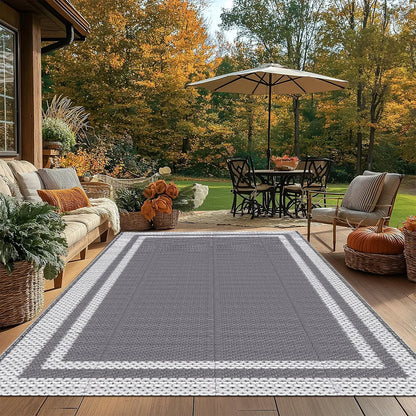 Tapis de sol résistant aux intempéries pour terrasses, porches et jardins, 150 × 240 cm, revêtement de patio tissé réversible gris pour camping, camping-car et balcon