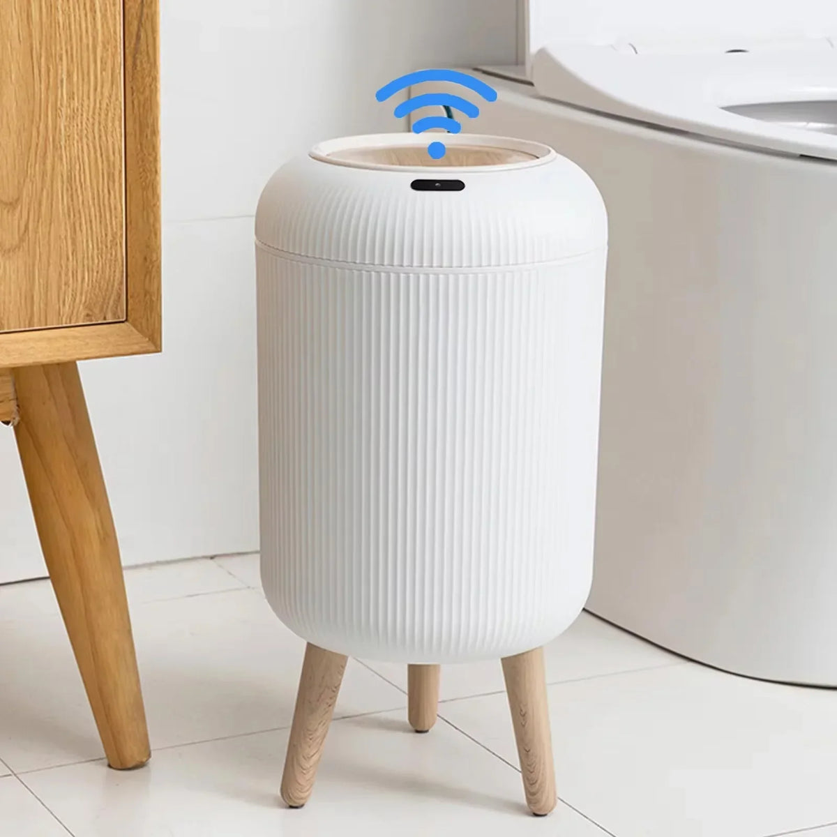 Sensor Garbage Can 2.6 Gallon Automatic Lid Wood Base Small Waste Basket White Black Green for Kitchen Bathroom Bedroom Office Compact Infra