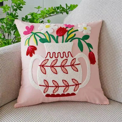 Floral Embroidered Throw Pillow Cover 18x18 Inches Cotton Canvas White Decorative Cushion Case for Couch Bed Chair Farmhouse Modern Living R