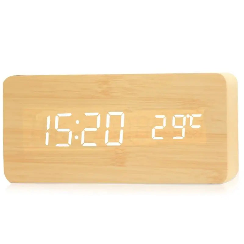 Wood Grain Digital Alarm Clock with LED Display – Silent No-Tick Design for Bedroom, Nightstand & Desk – Battery or USB Powered Timepiece