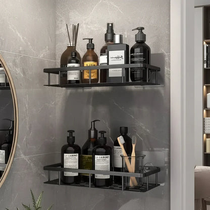 Organisateur de douche d'angle adhésif à montage mural – Étagère de rangement étanche sans perçage pour salle de bain, toilettes et lavabo – ABS et acier en noir ou argent