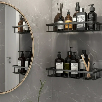 Organisateur de douche d'angle adhésif à montage mural – Étagère de rangement étanche sans perçage pour salle de bain, toilettes et lavabo – ABS et acier en noir ou argent