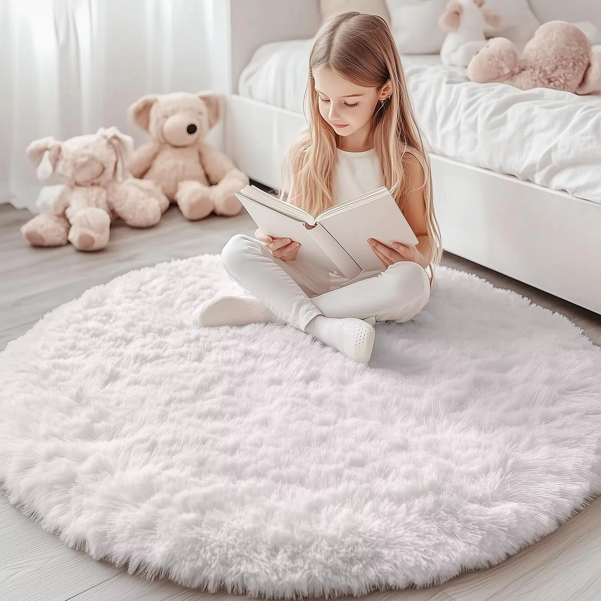 Round Shag Area Rug 59 Inch – Ultra Soft Plush Circle Carpet for Living Room Bedroom Playroom Nursery – Non-Slip Backing Machine Washable