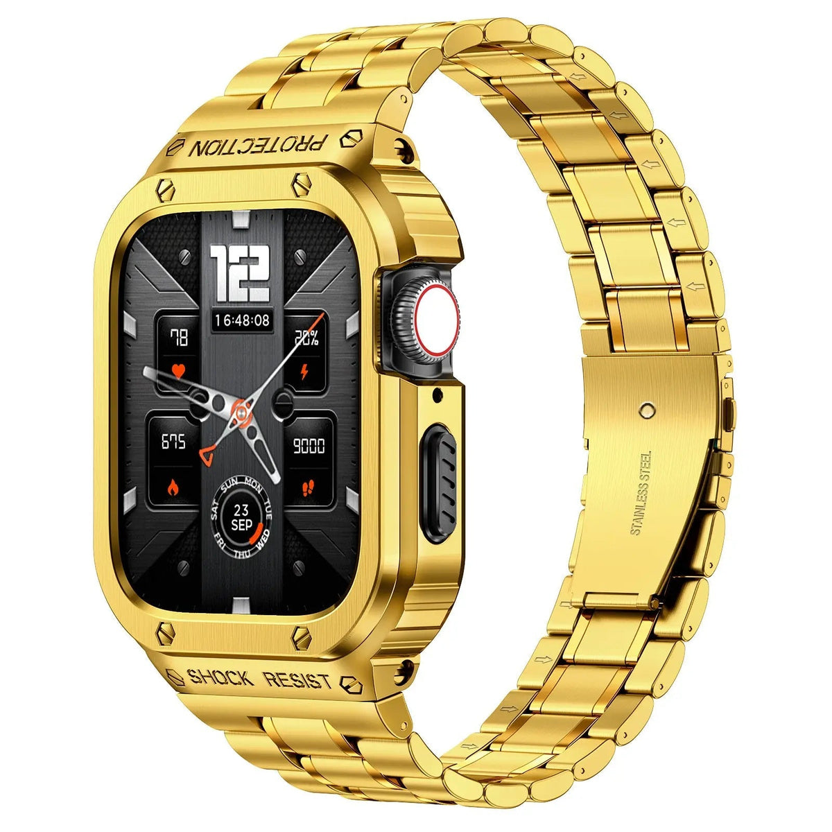 Metal Band and Bumper Case Bundle for Apple Watch 44mm 45mm Series – Shock-Absorbing Frame with Coordinated Strap in Black Silver Gold