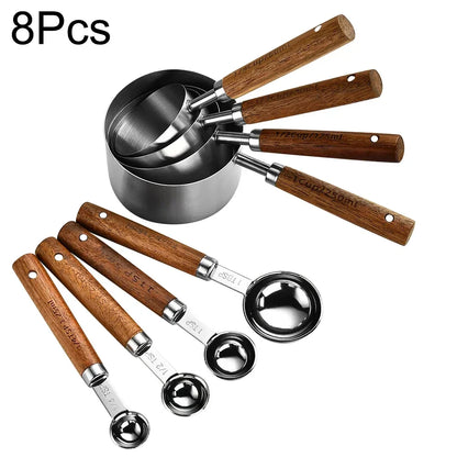 Stainless Steel Kitchen Measuring Spoons 8-Piece Set with Wood Handles for Baking Cooking Spice Portioning Recipe Prep Home Chef Tools