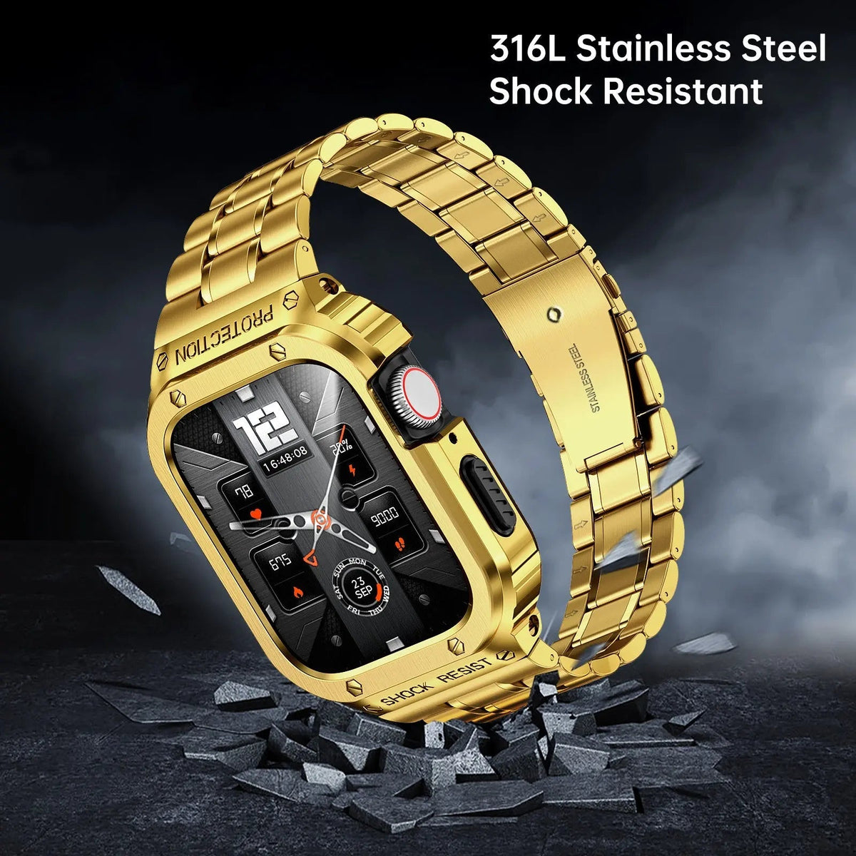 Metal Band and Bumper Case Bundle for Apple Watch 44mm 45mm Series – Shock-Absorbing Frame with Coordinated Strap in Black Silver Gold