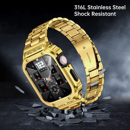 Metal Band and Bumper Case Bundle for Apple Watch 44mm 45mm Series – Shock-Absorbing Frame with Coordinated Strap in Black Silver Gold