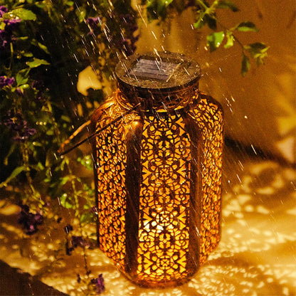 Openwork Metal Solar Lantern 9.3 in Hanging or Tabletop Garden Patio Light Outdoor Decorative Moroccan-Inspired Design for Porch Balcony Pat