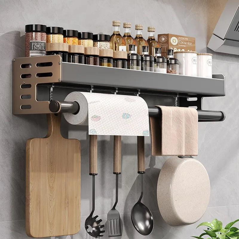 Organisateur d'étagère en aluminium, porte-épices mural de 20 pouces gris acier avec barre à serviettes, installation par adhésif ou vis pour petite cuisine ou appartement en location