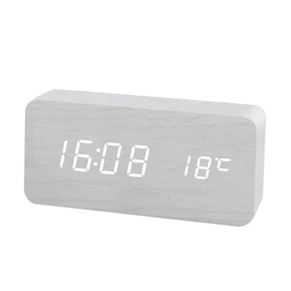 Wood Grain Digital Alarm Clock with LED Display – Silent No-Tick Design for Bedroom, Nightstand & Desk – Battery or USB Powered Timepiece