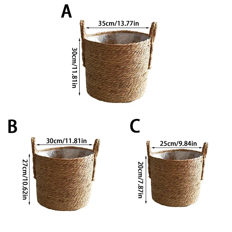Handwoven Seagrass Basket with Handles for Indoor Plants Outdoor Pots Storage Organizer Natural Fiber Boho Decor Rustic Farmhouse