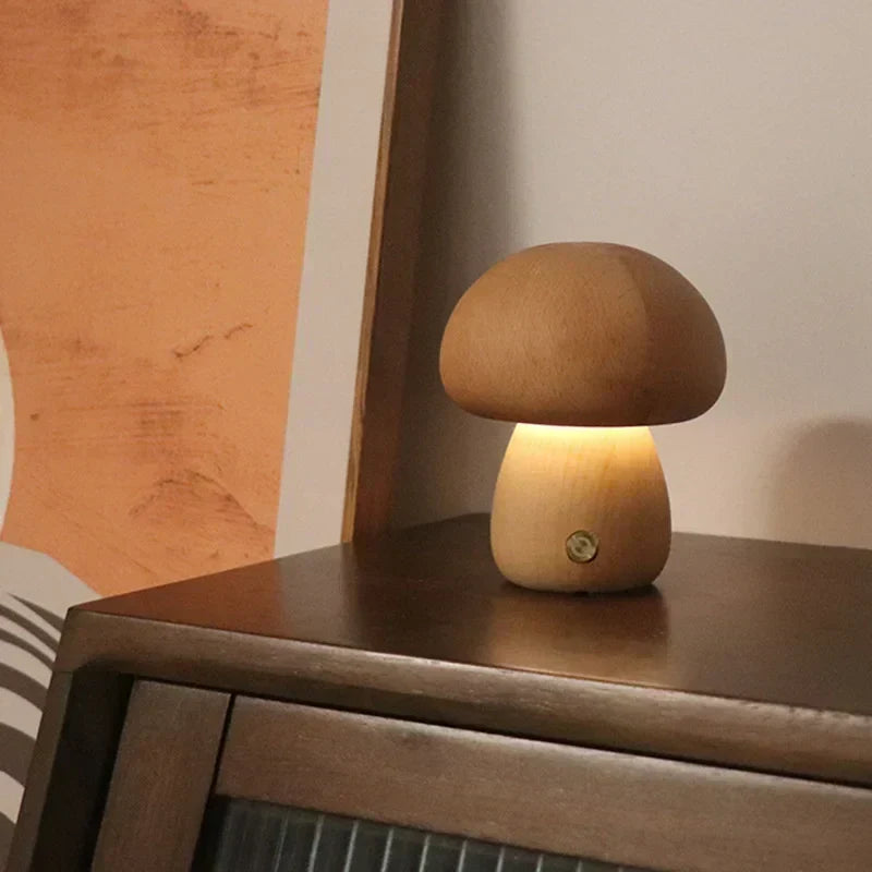 Rechargeable LED Mushroom Night Light with Touch Dimmer for Bedside, Nursery & Kids Room | Cordless Wooden Lamp